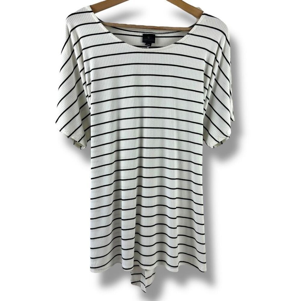 Worthington XXL Tie Back Ribbed Tee White Black Stripe Coastal Elevated Basic
